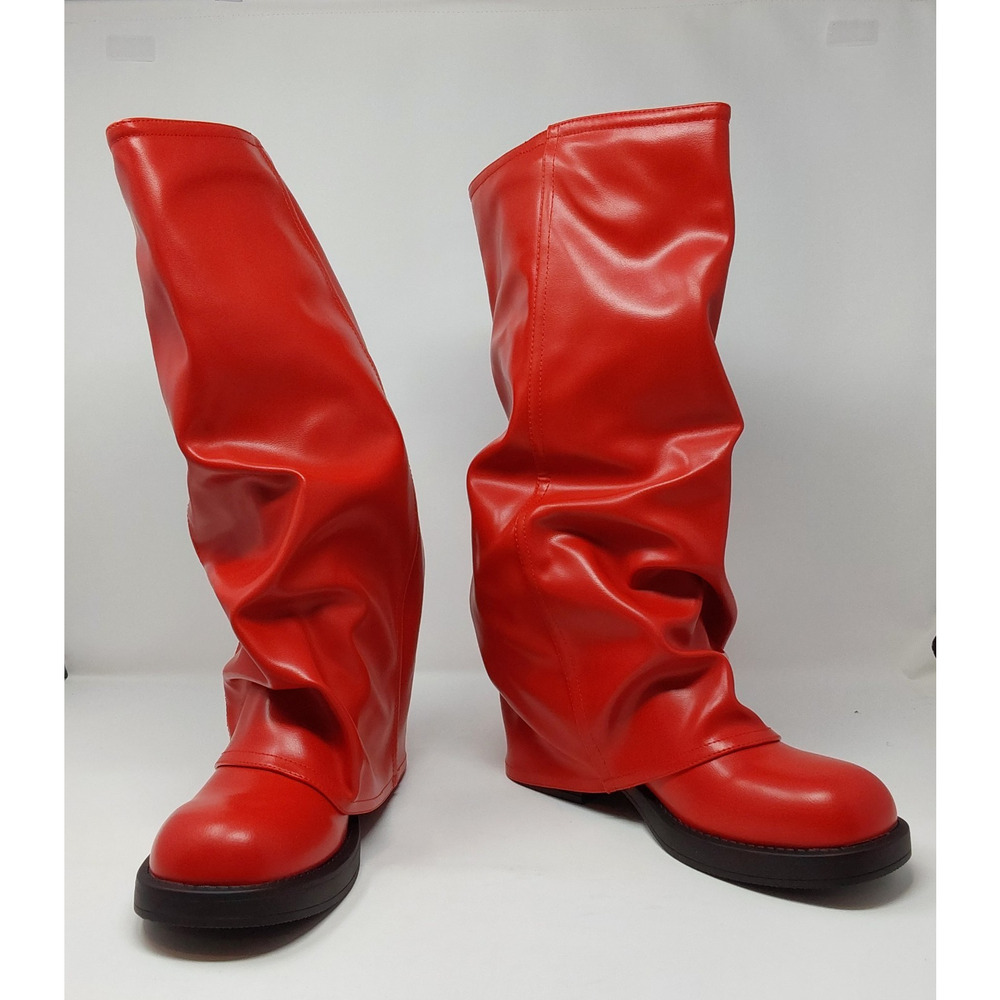 Women’s Red Mid Calf Slouch Boots Buckle Strap Faux Leather Size 8.5